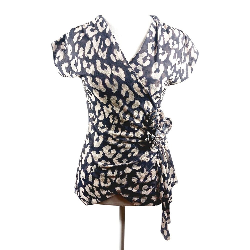 New York & Company Animal Print Top, Small, in Charcoal & Ecru, W/ 3-D Flowerets